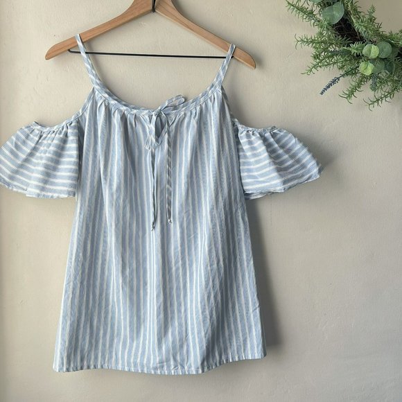 Tops - Blue White Striped Cold Shoulder Tie Neck Blouse